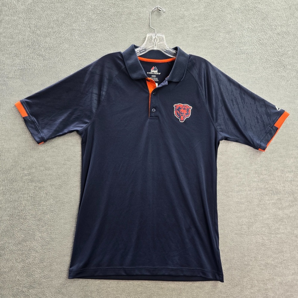 Chicago Bears Men Polo Shirt Medium Blue Logo Majestic Cool Base Short Sleeve